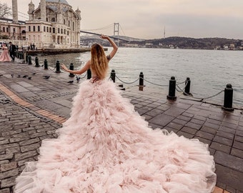 Long Flying Dress | Flying Dress for Photoshoot| Long Train Dress | Photoshoot Dress | Flowy Dress | Satin Dress | Santorini Flying Dress