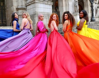 Satin Fliegen Kleid, Lange Schleppe, Fotoshooting Kleid, Hochzeitskleid