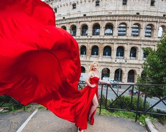 Long Flying Dress | Flying Dress for Photoshoot| Long Train Dress | Photoshoot Dress | Flowy Dress | Satin Dress | Santorini Flying Dress