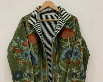 Boho Green Velvet TNT Suzani Jacket With Pocket | Winter Jacket | Embroidered Jacket Coat | Velvet TNT Jacket |Suzani Coat Jacket |