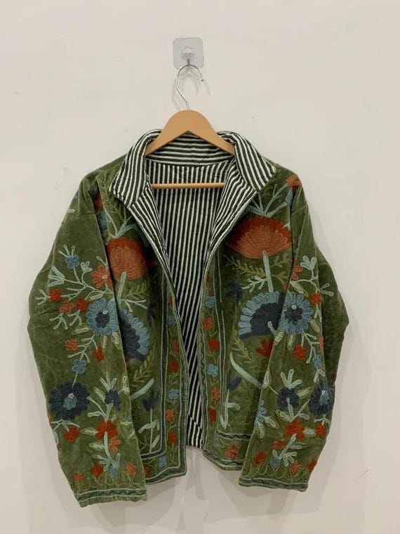 Boho Green Velvet TNT Suzani Jacket With Pocket | Winter Jacket | Embroidered Jacket Coat | Velvet TNT Jacket |Suzani Coat Jacket |