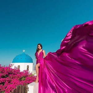 Long Flying Dress | Flying Dress for Photoshoot| Long Train Dress | Photoshoot Dress | Flowy Dress | Satin Dress | Santorini Flying Dress