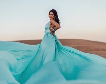 Satin Flying Dress with Long Train | Flowy Photoshoot Gown