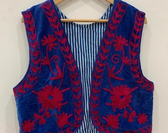 Women's vest, black, vintage, women vest, Indian folk, ethnic, waistcoat, bohemian, embroidered, Suzani, boho, velvet, velvet blue panther