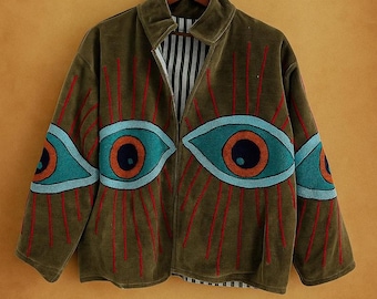 Boho Green Velvet Suzani Jacket With Pocket | Winter Embroidered Jacket Coat | Suzani Velvet Embroidered Evil Eye Coat Jacket |