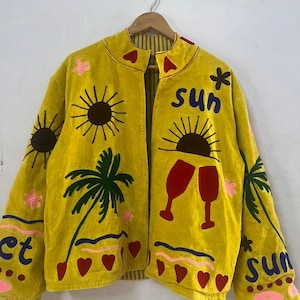 Giacca Sun Velour Gialla / Cappotto Suzani Boho in Velluto Giallo con Tasca / Giacca invernale ricamata