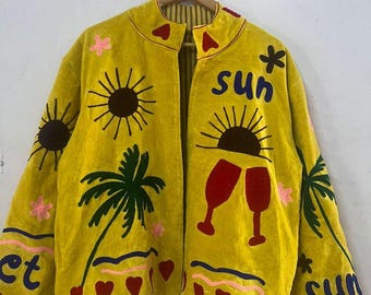 Jacket Sun Velour Yellow | Boho Green Velvet Suzani Coat With Pocket | Winter Embroidered Jacket Coat