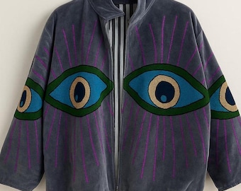 Boho Green Velvet Suzani Jacket With Pocket | Winter Embroidered Jacket Coat | Suzani Velvet Embroidered Evil Eye Coat Jacket |