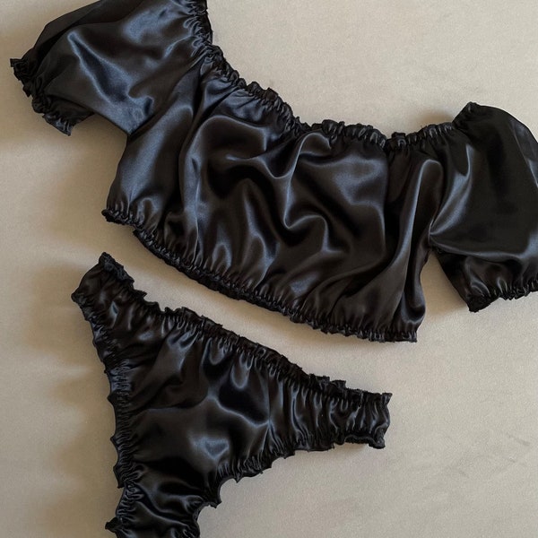 Black pajama set Satin lingerie for women Plus size lingerie