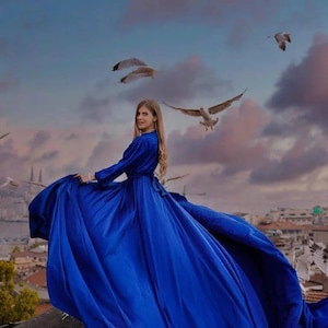 Full Sleeve Long Dress Flowy Long Train Photoshoot Dress Long Train Satin Gown for Wedding long Flying Satin Dress Photography Dress image 1