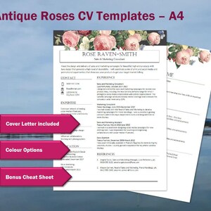May include: CV templates with an antique roses design. The templates include a cover letter, color options, and a bonus cheat sheet. The design features a floral header with pink roses and green leaves. The text on the template is black.