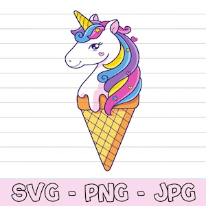 May include: A cartoon unicorn with a rainbow mane and tail is in an ice cream cone. The unicorn has a pink heart on its cheek and a yellow star on its forehead. The ice cream cone is yellow and brown.