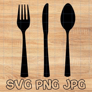 May include: A black fork, knife, and spoon on a woodgrain background. The utensils are silhouetted against the wood.