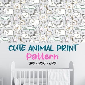 Cute Animals Print Pattern svg for Nursery, Repeating Pattern Vector, Safari Animals Wall Decor svg, Pattern Wall Art svg, Seamless Pattern.