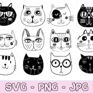 Cute Cat Svg Files, Cat Svg Bundle, Cat Face Svg, Cat Design Svg, Kitten Svg, Black and White Cat Svg, Cat Clipart, Cat Silhouette Svg, PNG.