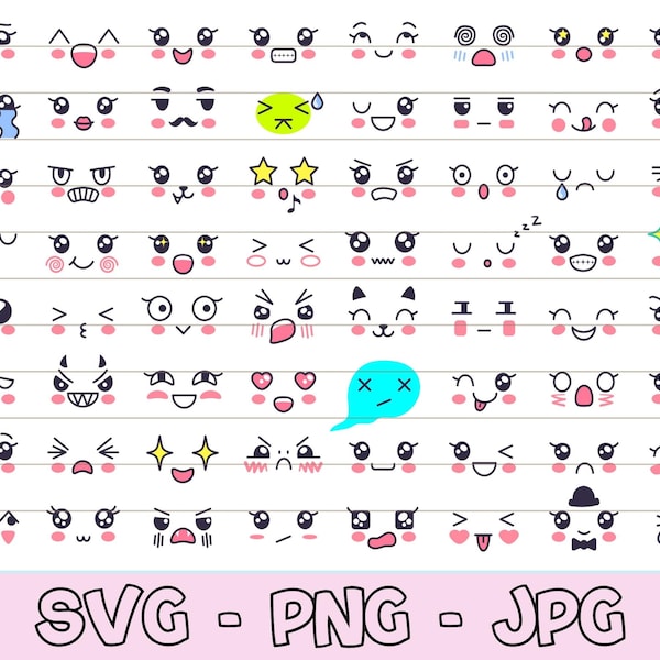 Kawaii Faces Svg, Emoji Faces Svg, Kawaii Svg Bundle, Kawaii Vektor, Cartoon Faces Svg, Kawaii Clipart, Kawaii Cartoon, Cute Faces Svg, PNG.