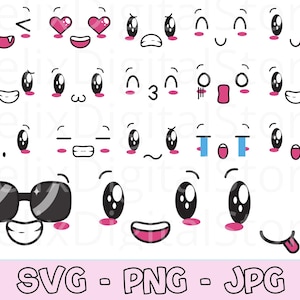 Kawaii Faces Svg, Emoji Faces Svg, Kawaii Svg Bundle, Kawaii Vector, Cartoon Faces Svg, Kawaii Clipart, Kawaii Cartoon, Cute Faces Svg, PNG.