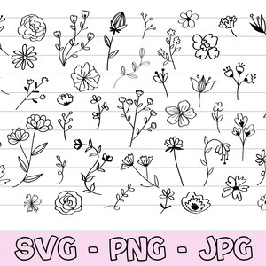Wildflower Svg Design for Shirt, Botanical Flower Svg, Flower Hand Drawn, Floral Svg Bundle, Flower Svg Cut File, Flower Clipart, Plant Svg.