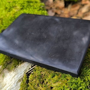 May include: A black rectangular slate tile with a smooth, slightly textured surface. The tile is resting on a bed of green moss.