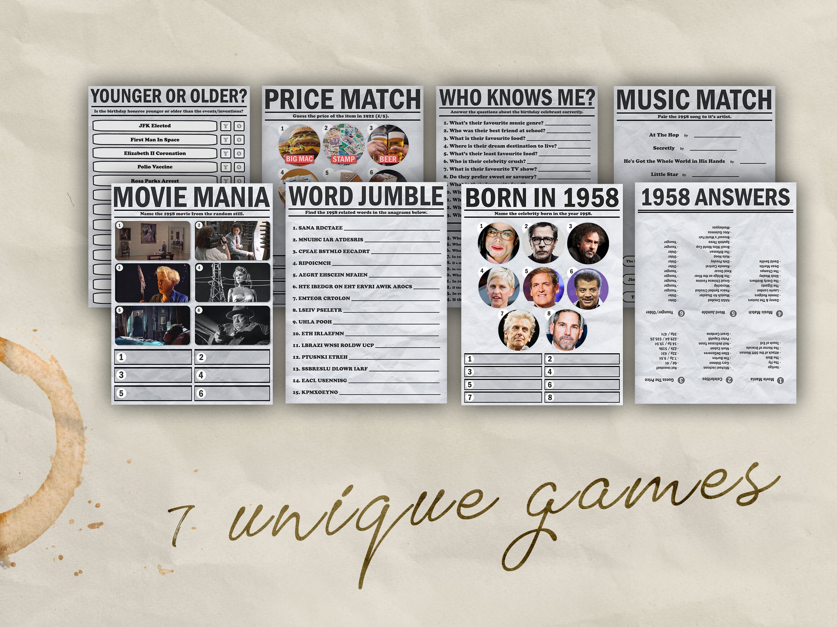 66th Birthday Party Games Born in 1958 Games Bundle Printable Games ...