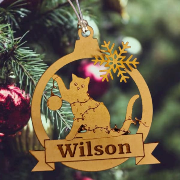 Personalised Wooden Pet (Cat) Christmas Bauble/ Tree Decoration Great Gift