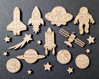 Set of Space Themed Laser cut MDF Craft Shapes Wooden Embellishments