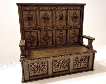 1:12 Scale Dolls House Carved Tudor Style Settle Bench, Self Assembly Wooden Kit.