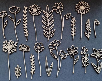 20x Blandade Ängsblommor och bladverk Laserskurna MDF-pysselformer