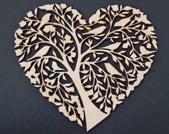 Árbol de madera en forma de corazón de 20 cm cortado con láser para manualidades y adornos en blanco