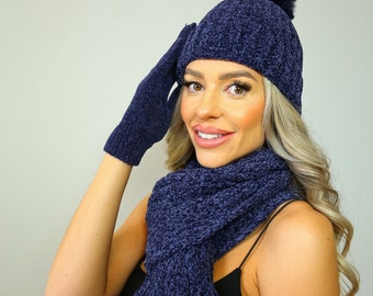 Navy Blue Women's Ladies Knit Luxury Fur Pom Pom Chenille Hat Gloves Scarf Set Warm Beanie Hats for Outdoor and Sports Gift