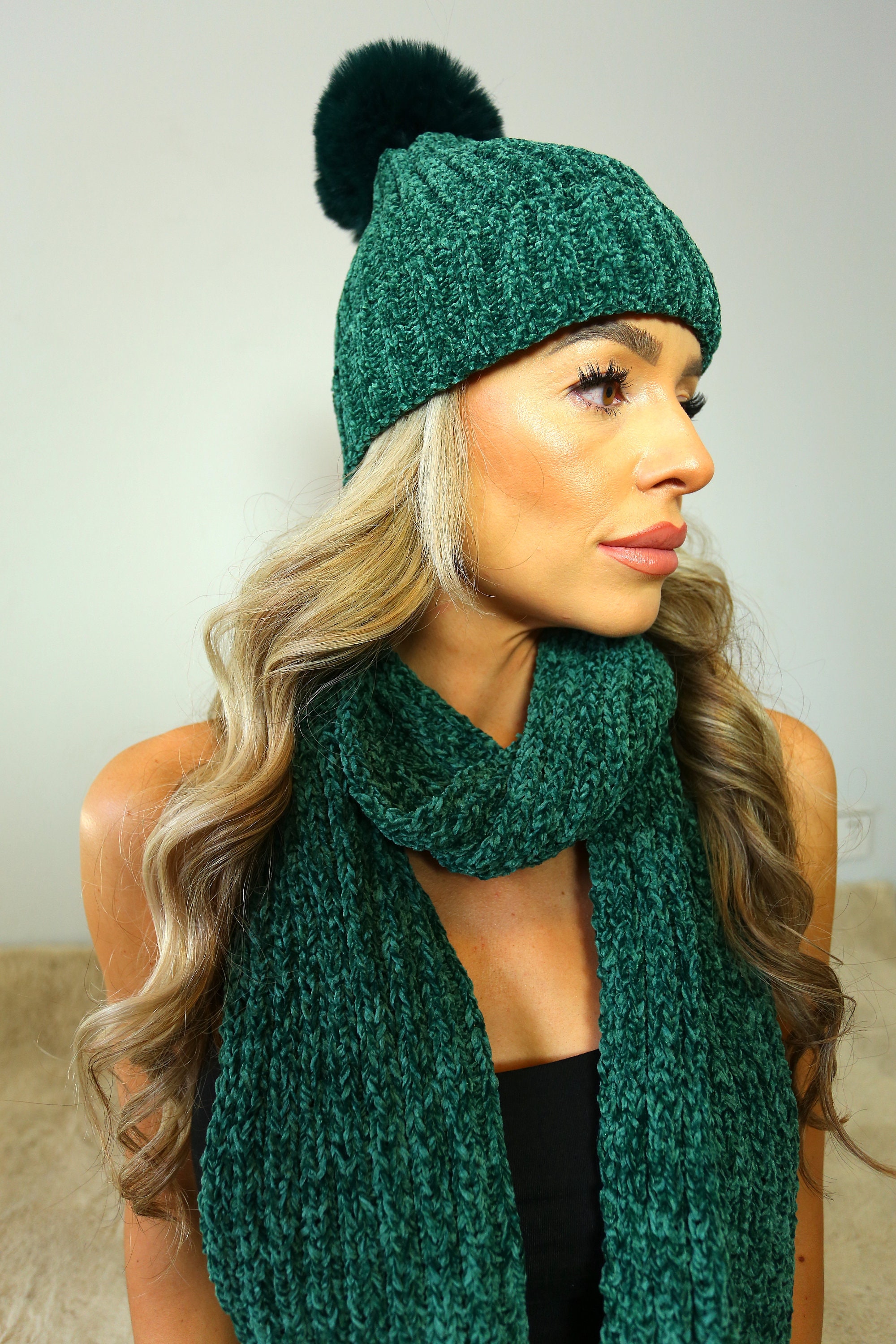 Green Women's Ladies Knit Luxury Fur Pom Pom Chenille Hat - Etsy UK