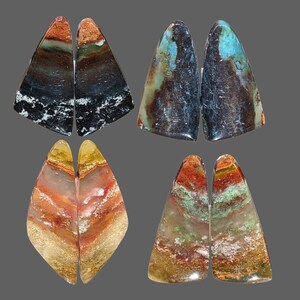 May include: Four pairs of agate cabochons, each pair with a unique color pattern. The cabochons are cut in a teardrop shape and have a smooth, polished surface. The colors include blue, green, brown, orange, and white.