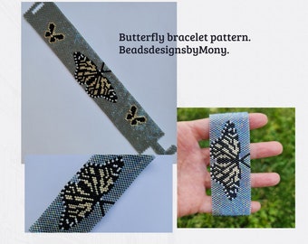 Peut inclure: Un bracelet en perles avec un motif de papillon en perles noires, blanches et dorées. Le bracelet est sur un fond gris clair. Motif de bracelet papillon. BeadsdesignsbyMony.
