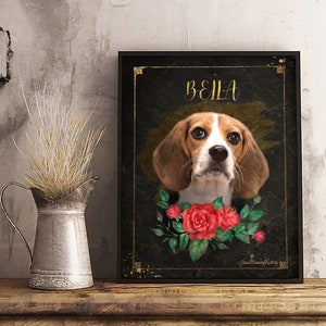 May include: A framed portrait of a Beagle dog named Bella with red roses around her neck. The background is a dark green with gold accents. The text "BELLA" is written in gold lettering at the top of the frame.