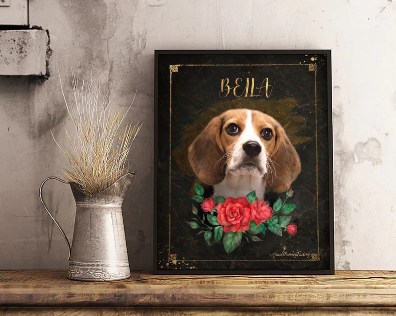 May include: A framed portrait of a Beagle dog named Bella with red roses around her neck. The background is a dark green with gold accents. The text "BELLA" is written in gold lettering at the top of the frame.