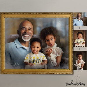 May include: A framed painting of a family portrait. A man with a gray beard is sitting with two children. The girl is wearing a white dress and the boy is wearing a yellow shirt with the word "Happy" on it. The painting is in a gold frame.