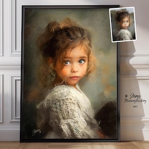 Peut inclure: Une peinture d'une jeune fille aux longs cheveux bruns, portant un pull en crochet blanc. La peinture a une ambiance douce et rêveuse et est réalisée dans un style pictural.