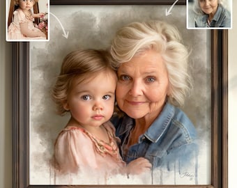 Deceased Grandparent Portrait Drawing, Handmade Keepsake Artwork, Artistic Granny Grandchild Heirloom, Hand Drawn Photos Merge Commission