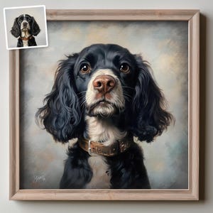 May include: A painting of a black and white Springer Spaniel dog with brown eyes, looking up at the viewer. The dog is wearing a brown leather collar. The painting is framed in a light brown wood frame.