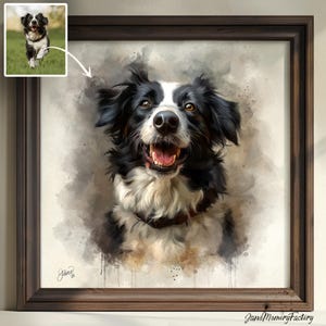May include: A watercolour painting of a black and white border collie dog with a happy expression. The dog is looking directly at the viewer. The background is a soft, watercolour wash of blue and grey.
