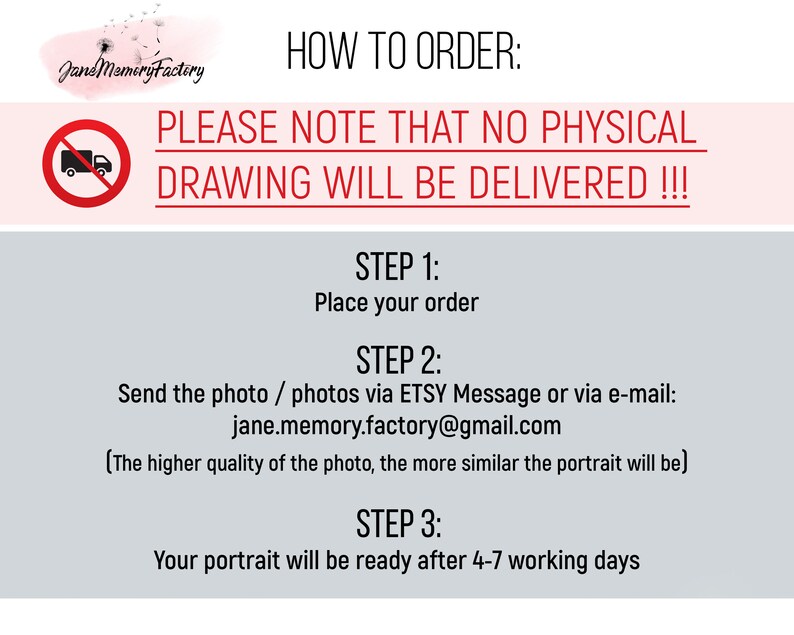 May include: How to order a digital portrait: Place your order, send photos via Etsy message or email, and your portrait will be ready in 4-7 working days.  No physical drawing will be delivered.