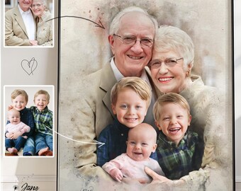 Custom Hand Drawn Portrait Digital Download, Personalized Grandparent Gift From Grandkid, Merge Photos Sketch Of Grandchild For Grandparents