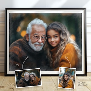 May include: A painting of a man and a girl. The man is wearing a brown sweater and has a white beard. The girl is wearing a yellow sweater and has long brown hair. The background is a blurred image of trees and lights.