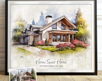 Custom House Portrait Digital Painting, Personalized Family Home Artwork, Handmade Illustration Of Familia Residence, Special Present Idea