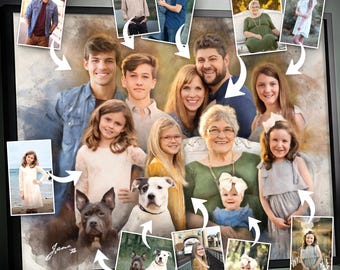 Custom Family Portrait Drawing, Merge Multiple Relatives Photos, Digital Painting From Several Images, Professional Combined Image Keepsake