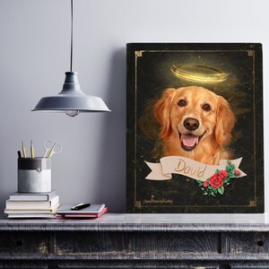 May include: A memorial print featuring a golden retriever dog with a halo above its head. The dog is smiling and has a banner with the name "David" on it. The background is dark green with red roses.
