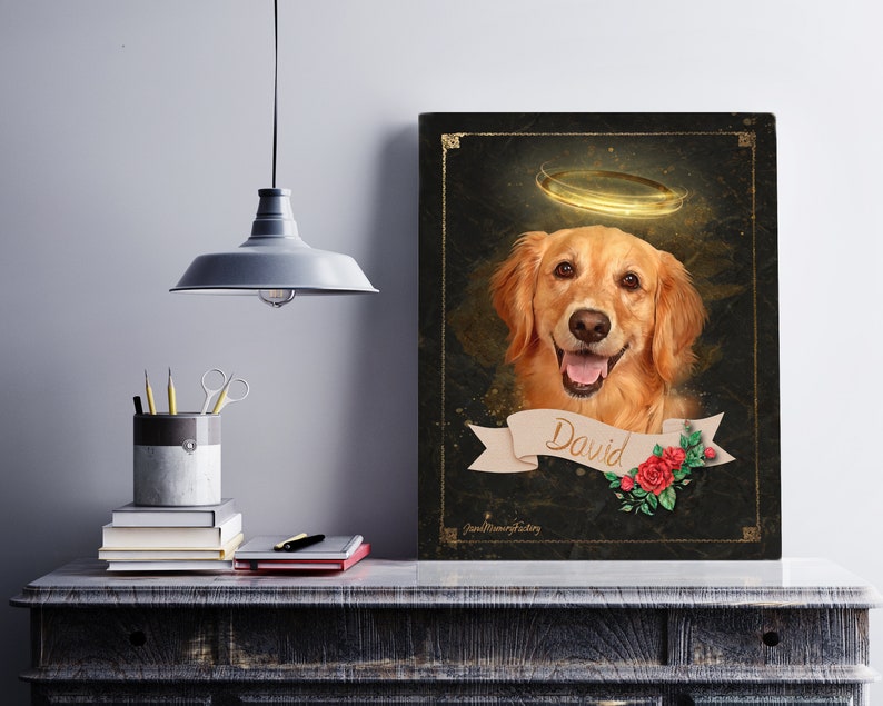 May include: A memorial print featuring a golden retriever dog with a halo above its head. The dog is smiling and has a banner with the name "David" on it. The background is dark green with red roses.