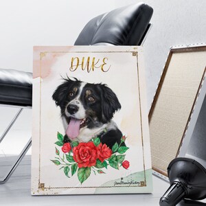 May include: A white canvas print featuring a watercolour painting of a black and white dog with the name "Duke" written in gold lettering. The dog is surrounded by red roses and green leaves.