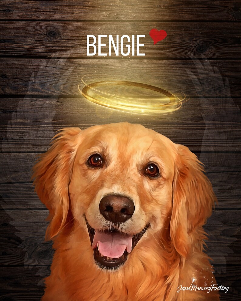May include: A golden retriever dog with a halo above its head. The dog is smiling with its tongue out. The background is a dark wood grain with the text "BENGIE" and a red heart.