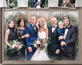 Custom Watercolor Wedding Portrait, Multiple Photo Memorial Artwork, Combine Photos Into Aquarelle Painting, Water Tinted Image Merge Art
